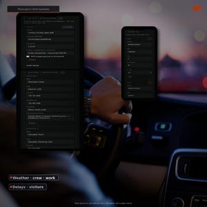 May include: Two dark-themed mobile device screens displaying the PlanvyaCo Field Systems interface. The screens show digital forms for tracking construction site delays, disruptions, visitors, inspections, and crew data with text fields and input menus.