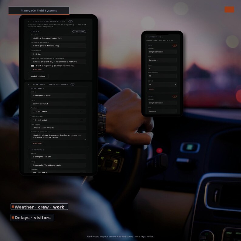 May include: Two dark-themed mobile device screens displaying the PlanvyaCo Field Systems interface. The screens show digital forms for tracking construction site delays, disruptions, visitors, inspections, and crew data with text fields and input menus.