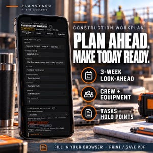 May include: A smartphone displaying the Planvyaco Field Systems construction workplan app. The screen shows project details, job headers, and look-ahead activities. Text on the right reads: Plan Ahead. Make Today Ready. 3-Week Look-Ahead, Crew + Equipment, Tasks + Hold Points.