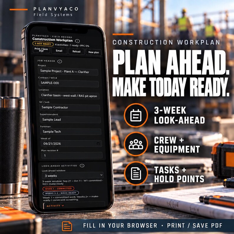 May include: A smartphone displaying the Planvyaco Field Systems construction workplan app. The screen shows project details, job headers, and look-ahead activities. Text on the right reads: Plan Ahead. Make Today Ready. 3-Week Look-Ahead, Crew + Equipment, Tasks + Hold Points.