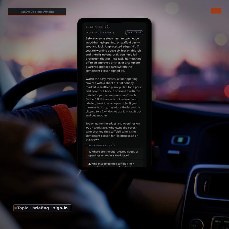 Op de afbeelding: Een smartphonescherm met een PlanvyaCo Field Systems briefing over valbeveiliging. De tekst beschrijft veiligheidsprotocollen voor werken op hoogte, inclusief vereisten voor leuningen, harnasinspecties en discussiepunten voor veiligheid op de werkplek.