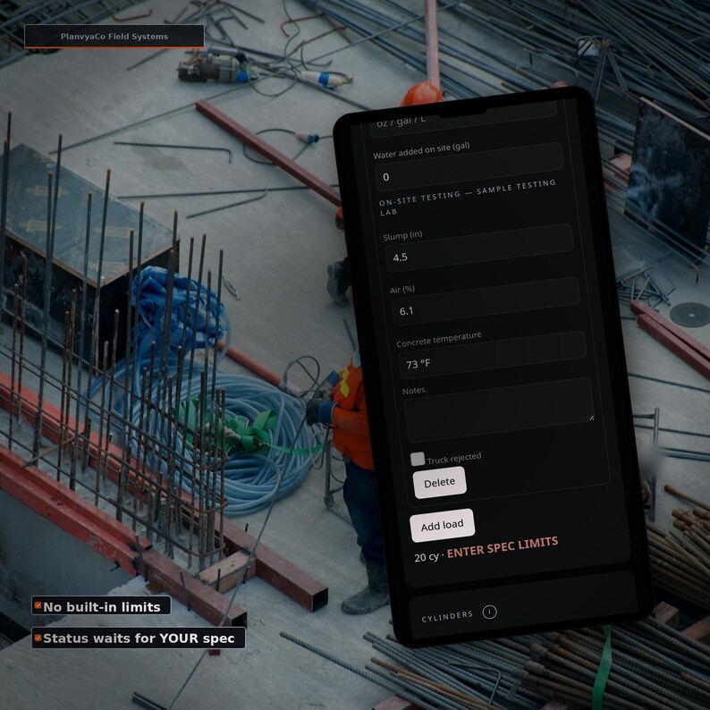 May include: A smartphone screen displaying the PlanvyaCo Field Systems interface for concrete testing. The form includes fields for water added, slump of 4.5 inches, air content of 6.1 percent, and a concrete temperature of 73 degrees Fahrenheit.