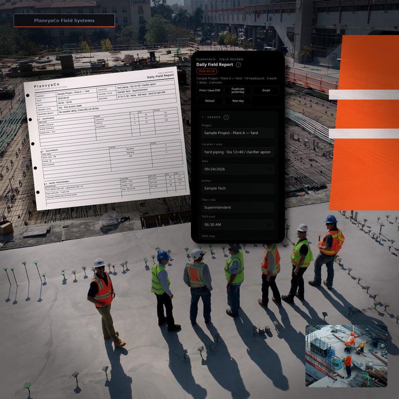 May include: A digital daily field report interface from PlanvyaCo showing project data, alongside a printed document version, positioned over an aerial view of a construction site with workers wearing high-visibility orange safety vests.