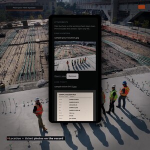 May include: A digital interface for PlanvyaCo Field Systems displaying construction site attachments. It features a photo of workers on a concrete slab, a 'Remove' button, and a sample ready-mix delivery ticket with text details including date 2026-09-24.
