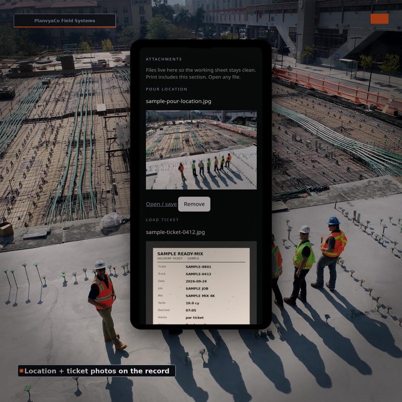 May include: A digital interface for PlanvyaCo Field Systems displaying construction site attachments. It features a photo of workers on a concrete slab, a 'Remove' button, and a sample ready-mix delivery ticket with text details including date 2026-09-24.