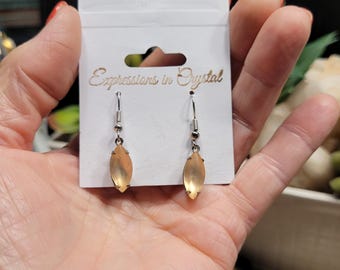 Crystal Dangle Earrings – Pale Peach Navette, Antique Silver, Vintage Style
