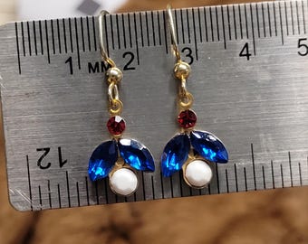 Austrian Crystal Dangle Earrings – Red, White & Blue Patriotic Floral Design