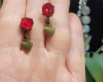 Red Druzy Dangle Earrings | Antique Gold Heart Charm