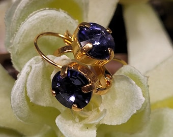 Purple Crystal Lever Back Earrings | Gold Setting | 8mm Preciosa Birthstone Earrings | February Amethyst Style