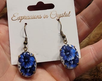 Floral Limoges Ceramic Earrings – Wedgewood Blue, Antique Gold Setting