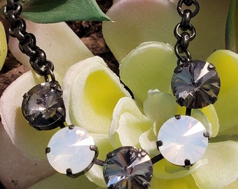 Black and White Preciosa Crystal Necklace: Black Lacquer Setting, Adjustable, Rivoli Cut Crystals