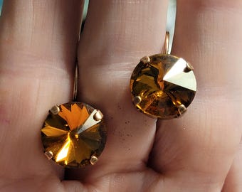 Topaz Rivoli Crystal Earrings • Antique Copper Lever Back, November Birthstone