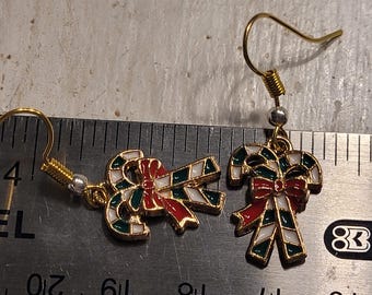 Enamel Candy Cane Earrings: Bow Dangles, Holiday Festive Hooks