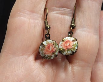 Rose Limoges Transfer Earrings – Antique Gold Floral Cabochon