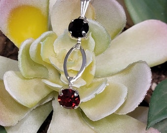 Black And Red Crystal Pendant: Silver Setting, Adjustable 18" Chain
