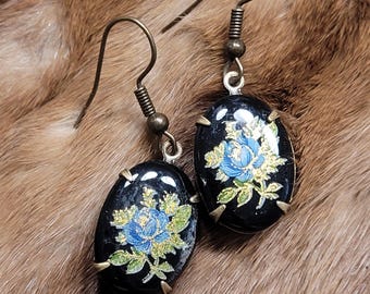 Floral Cabochon Earrings – Blue & Gold Flowers, Antique Gold French Hooks