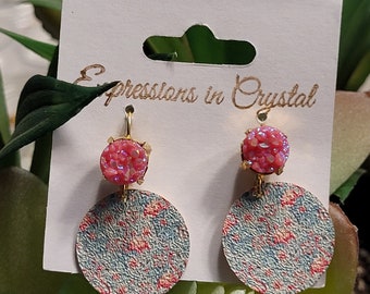 Floral Dangle Earrings: Pink Druzy, Painted Textured Disks