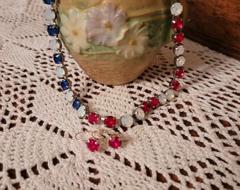 Old Glory Necklace – Special Order Patriotic Statement Necklace with Swarovski & Preciosa Crystals in Red, White, Blue with Silver Chain