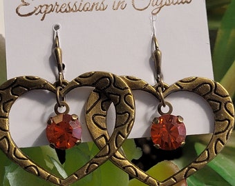 Vintage-Inspired Heart Earrings: Antique Brass with Padparadscha Swarovski Crystal on Lever Back for a Timeless Look