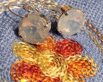 Opal White Rivoli Crystal Earrings • Shiny Silver Lever Back, 12mm