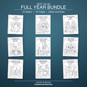 Könnte beinhalten: Eine digitale Sammlung von 104 schwarz-weißen Ausmalbildern mit dem Titel BEST VALUE FULL YEAR BUNDLE. Die Seiten zeigen biblische Szenen wie die Schöpfung, Noah und die Arche, den brennenden Dornbusch, die Teilung des Roten Meeres, David und Goliath, den Feuerofen, Jona und der Wal, Esther rettet ihr Volk und die Geburt Jesu.