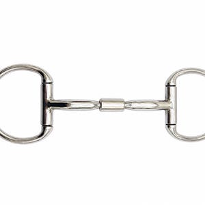 May include: A silver-coloured metal D-ring horse bit featuring two large circular rings connected to a central mouthpiece. The mouthpiece consists of two straight bars joined by a smooth, cylindrical centre connector, creating a polished finish.
