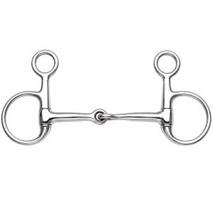 May include: A silver-coloured metal horse bit featuring a jointed mouthpiece connected to two D-shaped cheek pieces. Each side includes a smaller upper ring and a larger lower ring, creating a symmetrical design with a polished, reflective finish.