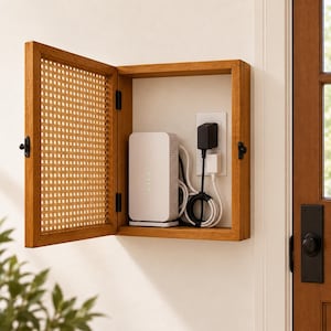 May include: A wall-mounted wooden cabinet with a hinged door featuring a woven cane panel. The interior houses a white electronic router and power adapters plugged into a wall outlet, with white cables neatly coiled and organized inside the box.