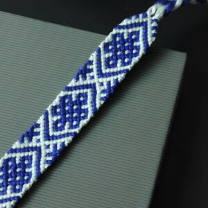 Blue and White Geometric Friendship Bracelet, Handmade Woven Boho Bracelet, Folk Pattern Jewelry, Adjustable Macrame Bracelet
