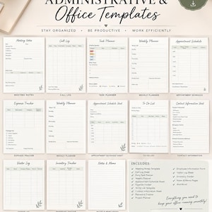 Puede incluir: Una colección de plantillas administrativas y de oficina de Joyful Print Studio, que incluye notas de reuniones, registros de llamadas, planificadores de tareas, agendas semanales, horarios de citas, rastreadores de gastos y listas de tareas.