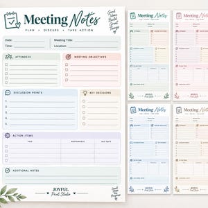 Op de afbeelding: Een printbare notitiepagina voor vergaderingen met secties voor datum, tijd, titel, locatie, aanwezigen, doelstellingen, discussiepunten, belangrijke beslissingen, actiepunten en aanvullende notities met pastelkleurige blokken.