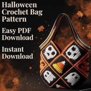 May include: A crochet bag featuring a patchwork design of white ghosts and orange, yellow, and white candy corn on a black background. The text reads: Halloween Crochet Bag Pattern, Easy PDF Download, Instant Download. The bag has a single handle.