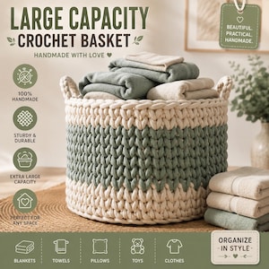 May include: A round, large capacity crochet basket featuring a thick, chunky knit pattern in alternating horizontal bands of cream and sage green. The basket has two integrated side handles and is filled with folded cream and sage green towels.