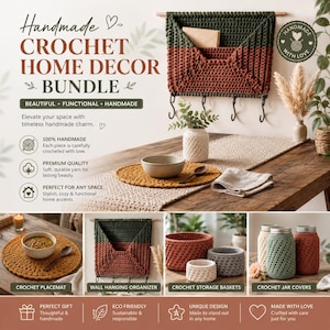 May include: A handmade crochet home decor bundle featuring a wall hanging organiser with hooks, a round placemat, storage baskets, and jar covers. The items are crafted in shades of dark green, terracotta, mustard yellow, and cream yarn.