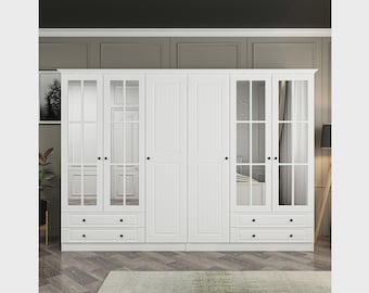 6 Door Wardrobe with Mirrors & 4 Drawers, Large Wooden Armoire with Crown Molding, Extra Wide Clothing Closet Bedroom Cabinet, Kale 270cm