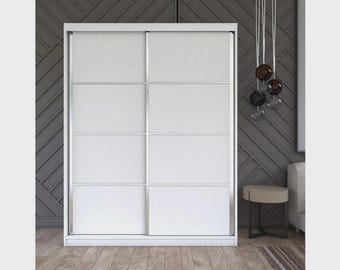 White Sliding Door Wardrobe, Compact 2-Door Bedroom Closet Organizer, Minimalist Wooden Clothing Storage Cabinet, Flat Pack Armoire, 18mm