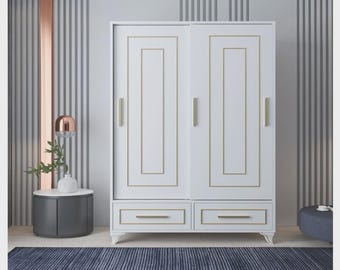 Armadio in legno bianco con 2 cassetti e ante scorrevoli, mobile ecologico certificato E1, armadio autoportante per riporre abiti.