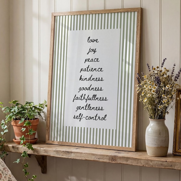 Love Joy Peace Patience Kindness Goodness Faithfulness Gentleness Self Control Christian Bible Sage Green Verse Wall Art UNFRAMED Print