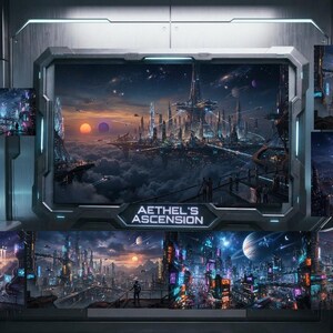 May include: A digital display frame featuring the text AETHEL'S ASCENSION, showcasing a central high-resolution science fiction landscape with a futuristic city, multiple moons, and a sunset sky, surrounded by ten smaller variations of the artwork.