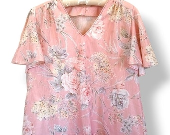 Top corto vintage rosa cipria con scollo a V e maniche a volant, fatto a mano, stile anni '70, vestibilità ampia (taglia L/XL).