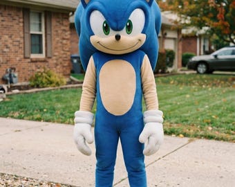 Fantasia de mascote do Sonic the Hedgehog feita à mão, traje completo do personagem ouriço azul com touca, sapatos e luvas para eventos de cosplay e festas.