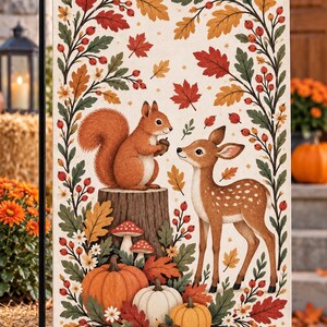 Fall Woodland Garden Flag, Cute Deer And Squirrel Autumn Decor, Pumpkin Harvest Yard Flag, Rustic Forest Farmhouse Outdoor Decoration