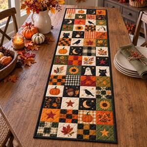 May include: A rectangular quilted table runner featuring a patchwork design of autumn-themed squares. The fabric squares display patterns of pumpkins, black cats, ghosts, crows, sunflowers, stars, moons, acorns, and plaid prints in orange, black, and cream.