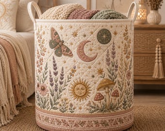 Celestial Moth Printing Quilt Laundry Basket, Boho Moon And Mushroom Hamper, Botanical Floral Storage Bin, Cottagecore Bedroom Laundry Decor