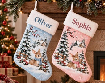Personalized Christmas Stocking With Winter Bunny Design, Custom Name Holiday Stocking, Cute Rabbit Christmas Decor, Kids Xmas Gift