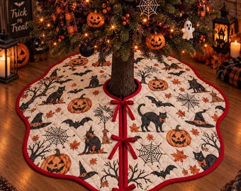Halloween Quilt Tree Skirt, Pumpkin Black Cat And Bat Christmas Tree Decor, Spooky Quilted Tree Skirt, Gothic Halloween Holiday Decoration