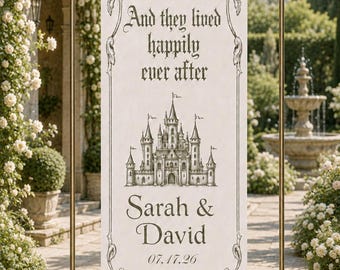 Custom Wedding Banner With Castle And Happily Ever After Quote, Personalized Ceremony Entrance Sign For Romantic Outdoor Wedding Decor
