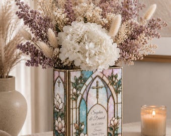 Custom Christian Ceramic Book Vase, Personalized Wedding Flower Vase, Religious Couple Gift, Cross Floral Decor, Anniversary Keepsake Gift