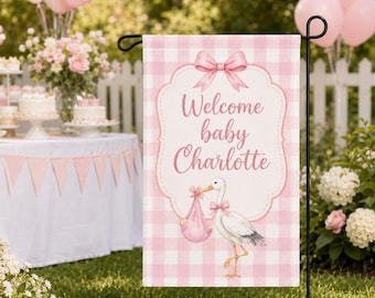 Personalized Baby Shower Garden Flag, Custom Welcome Baby Stork Flag, Pink Gingham Nursery Yard Decor, Baby Girl Outdoor Welcome Sign