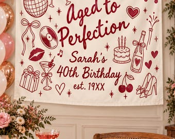 Personalized Birthday Party Banner, Aged To Perfection Party Decor, Custom Name Birth Year Backdrop, Milestone Birthday Wall Decoration